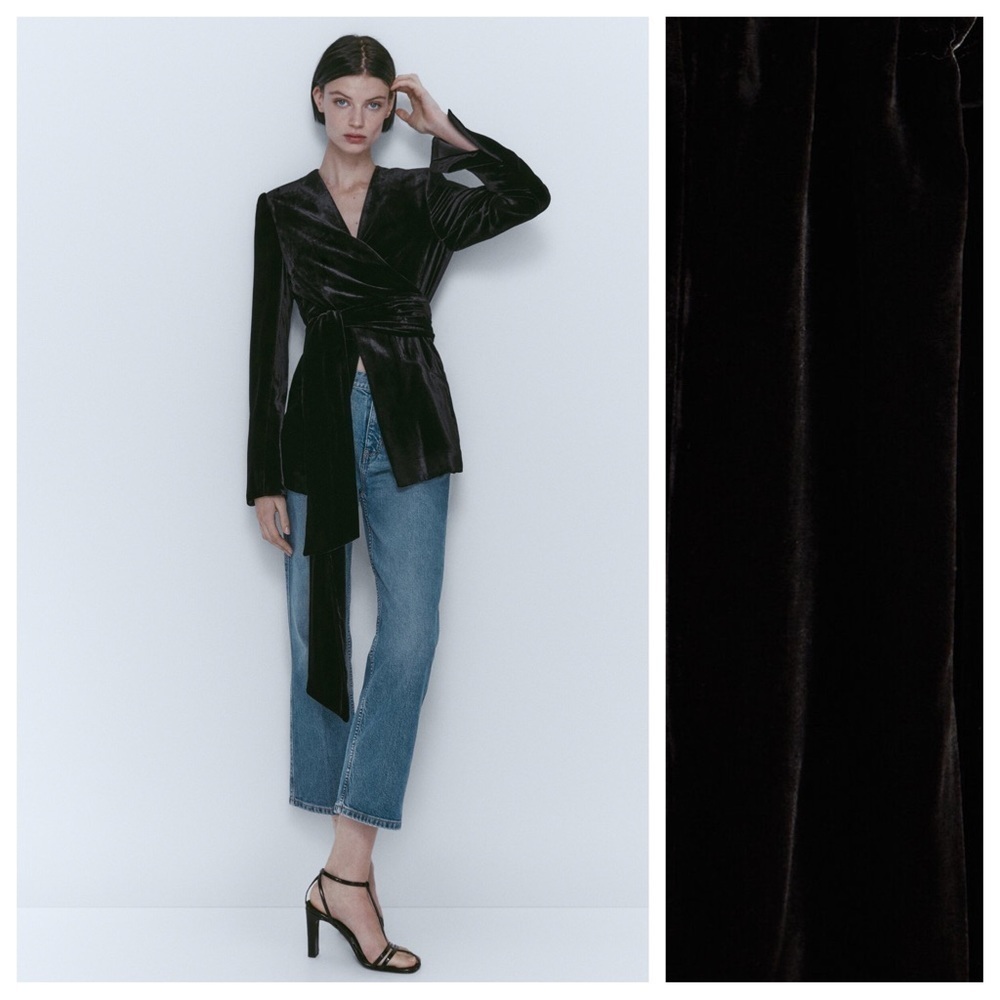 NWT. Massimo Dutti Black Velvet Wrap-Style Blazer with Tie Detail. Size 10.